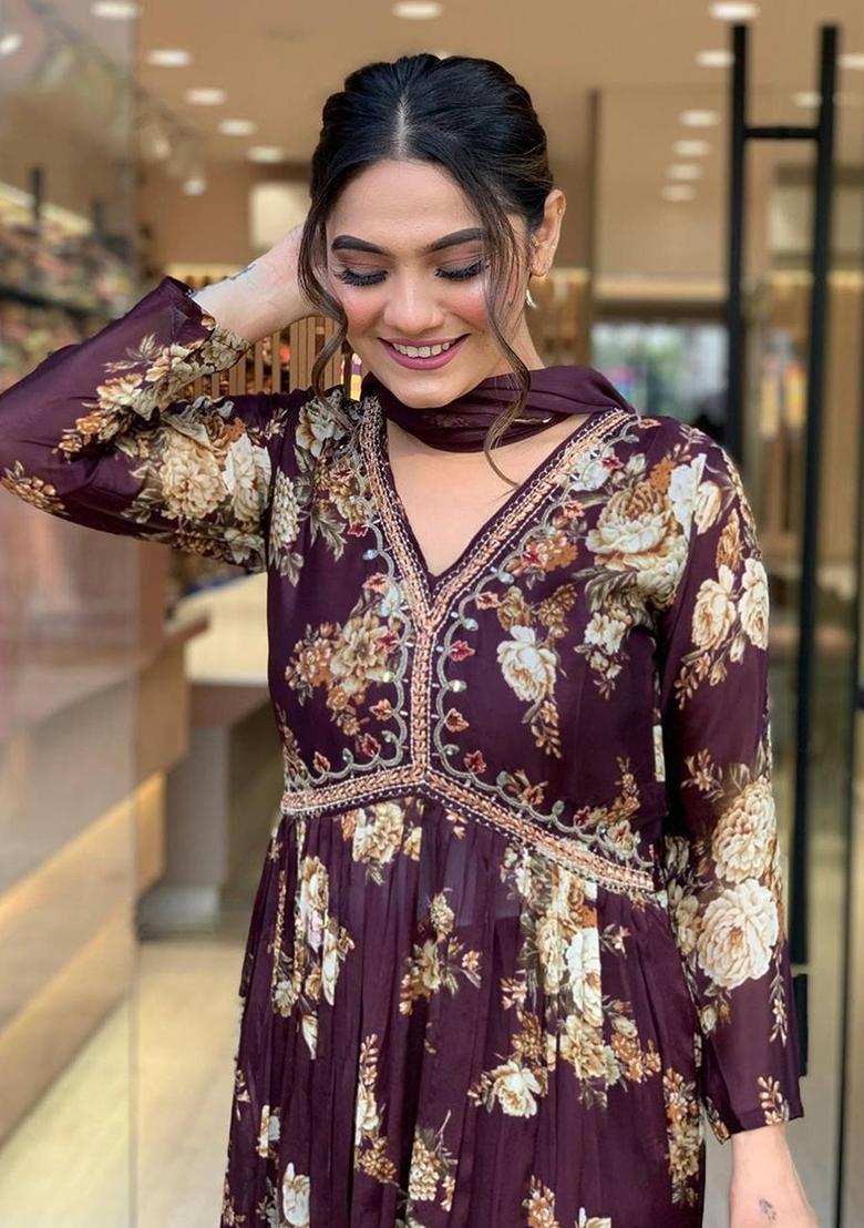 Burgundy Floral Print Georgette Kurta Set