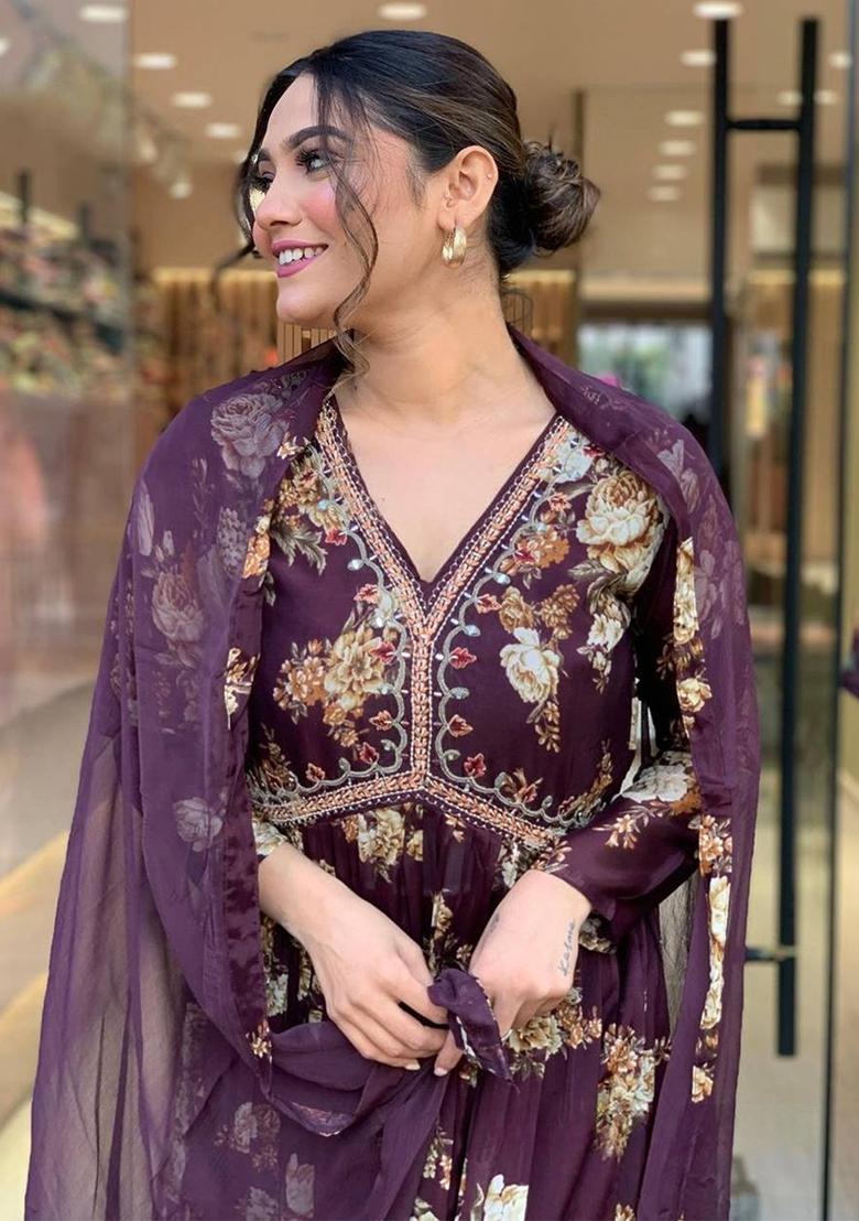 Burgundy Floral Print Georgette Kurta Set