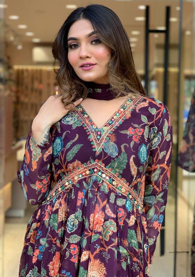 Purple Floral Print Georgette Kurta Set