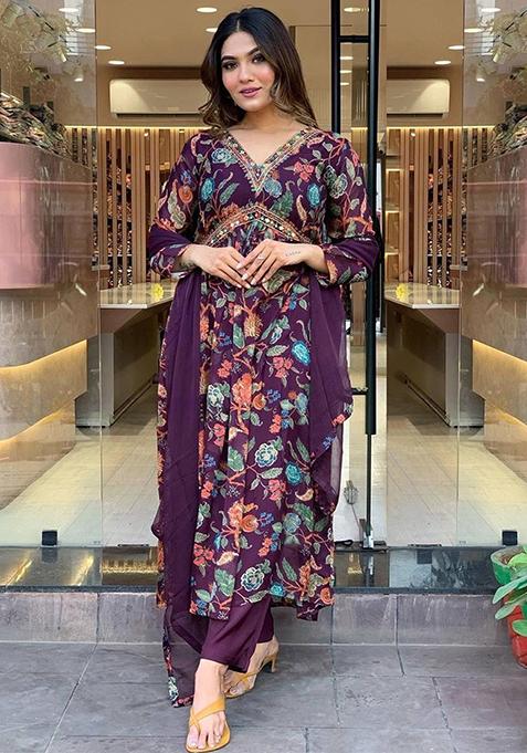 Purple Embroidered Georgette Pakistani Suit Set — view on Indya