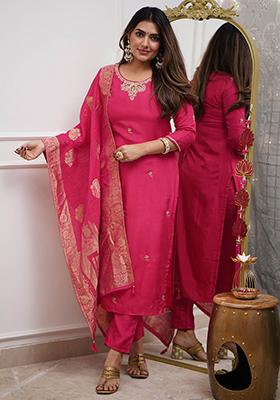 Rani Pink Thread Work Viscose Kurta Set With Dupatta
