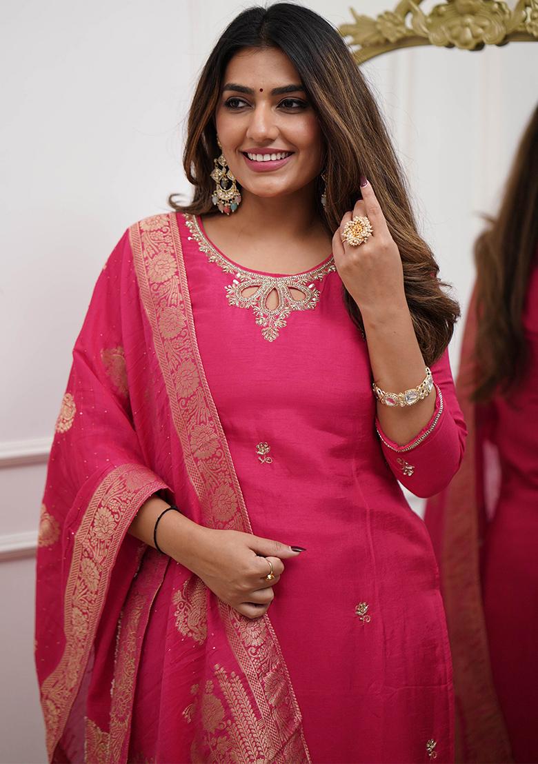 Rani Pink Thread Work Viscose Kurta Set