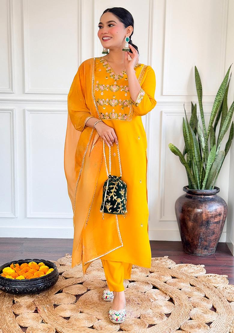Yellow Thread Work Chanderi Silk Kurta Set