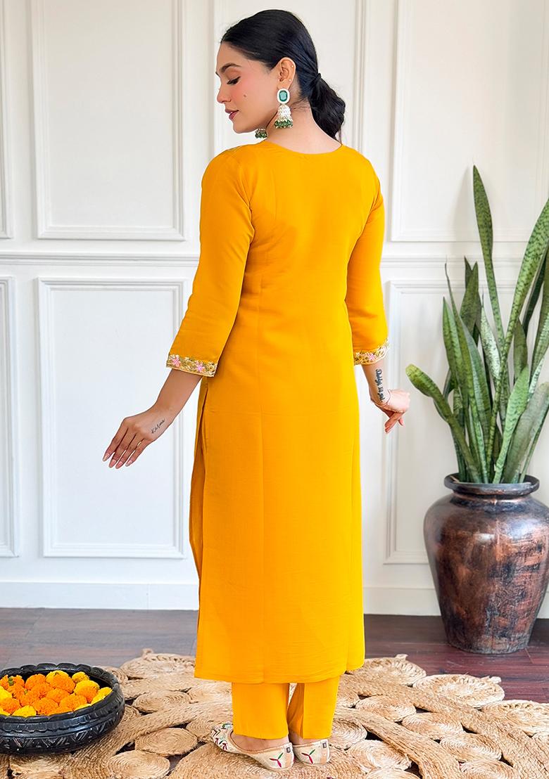 Yellow Thread Work Chanderi Silk Kurta Set