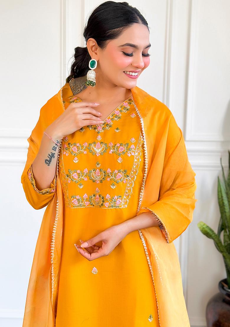 Yellow Thread Work Chanderi Silk Kurta Set