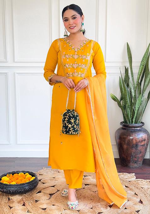 Yellow Thread Work Chanderi Silk Kurta Set