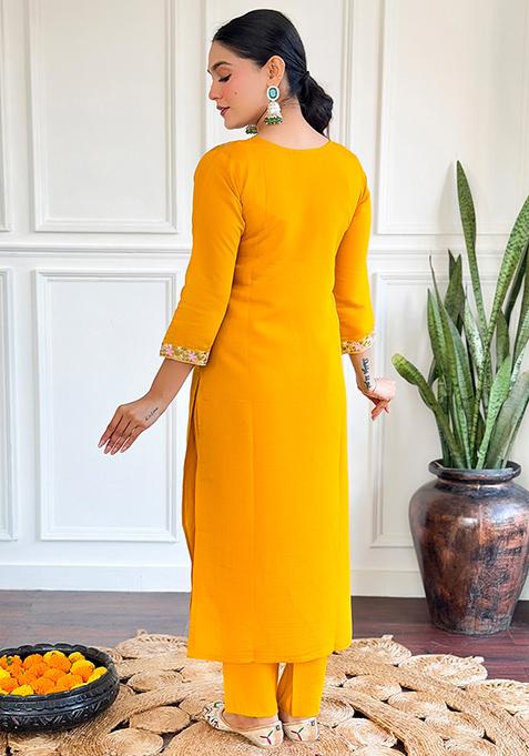 Yellow Thread Work Chanderi Silk Kurta Set