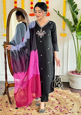 Black Thread Work Viscose Kurta Set