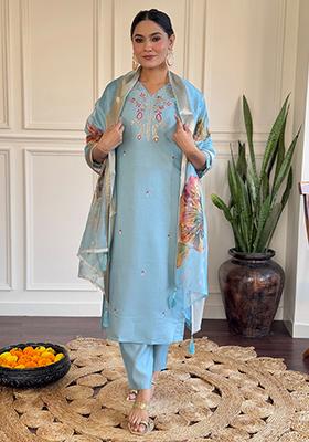 Sky Blue Thread Work Viscose Kurta Set