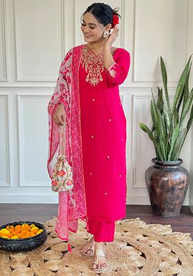 Rani Pink Thread Work Chanderi Kurta Set