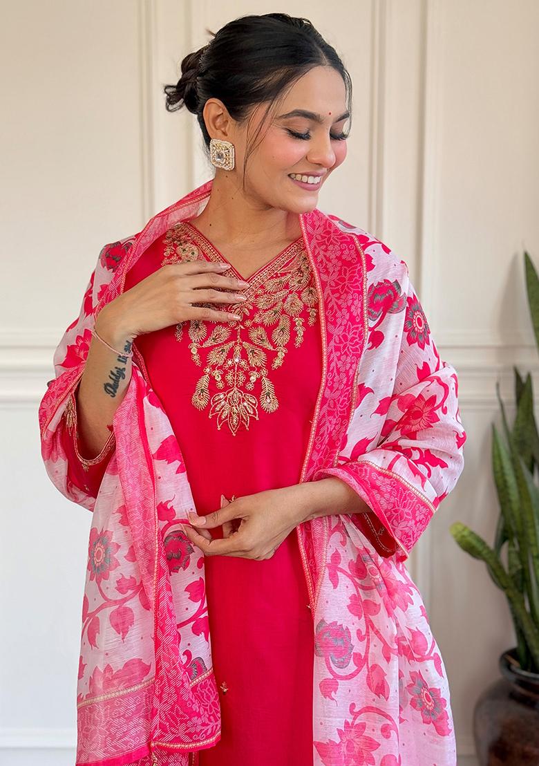 Rani Pink Thread Work Chanderi Kurta Set