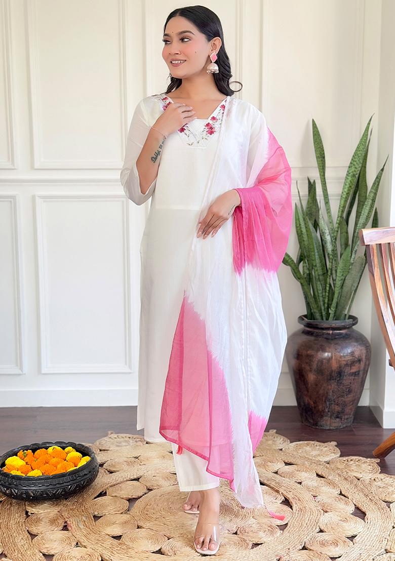 White Thread Work Chanderi Kurta Set