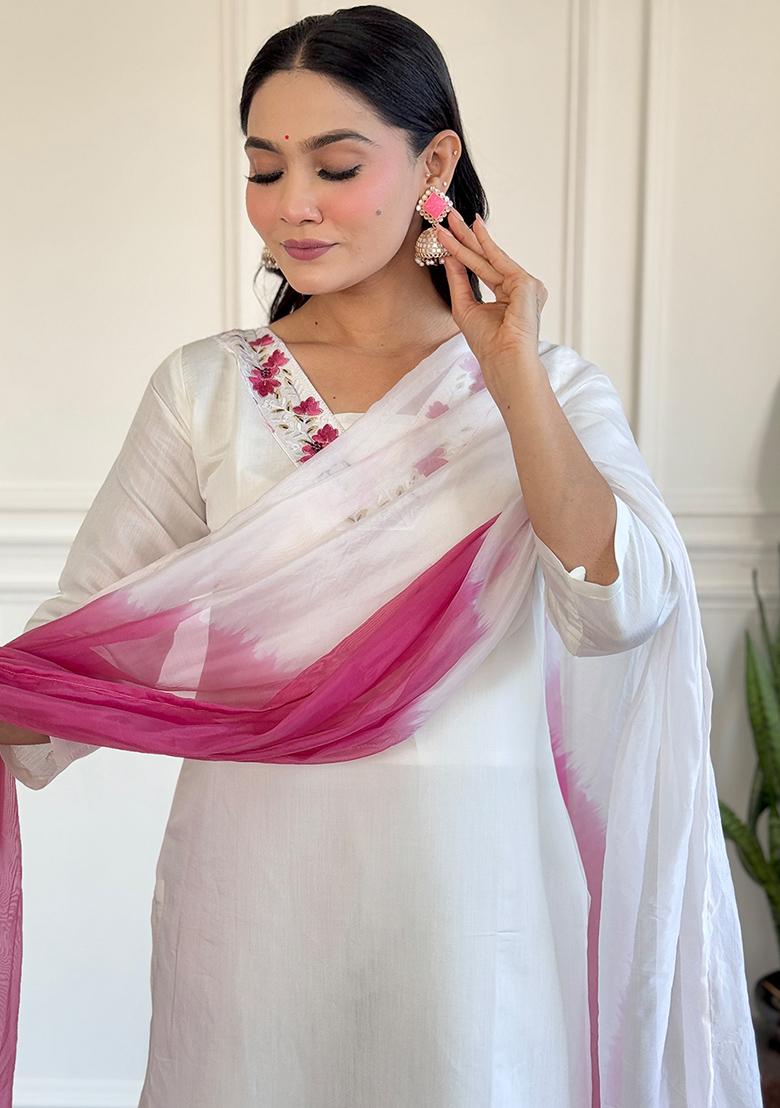White Thread Work Chanderi Kurta Set