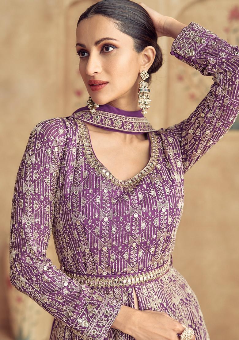 Lilac Embroidered Georgette Anarkali set