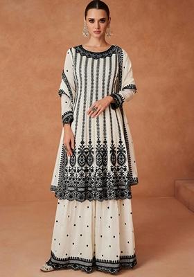 Off White Sequin Embroidered Vichitra Silk Kurta Set