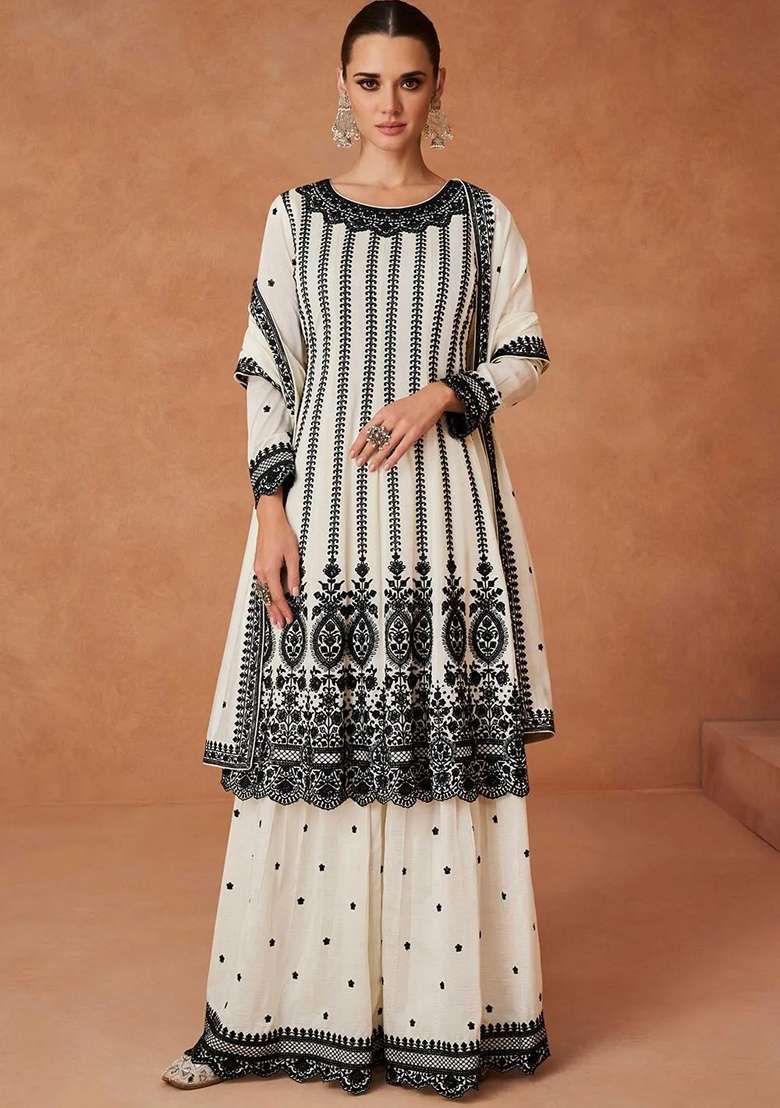 Off White Embroidered Vichitra Sharara Set - Indya