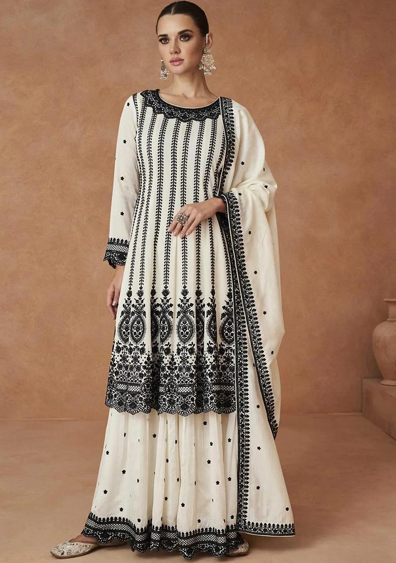 Off White Sequin Embroidered Vichitra Silk Kurta Set