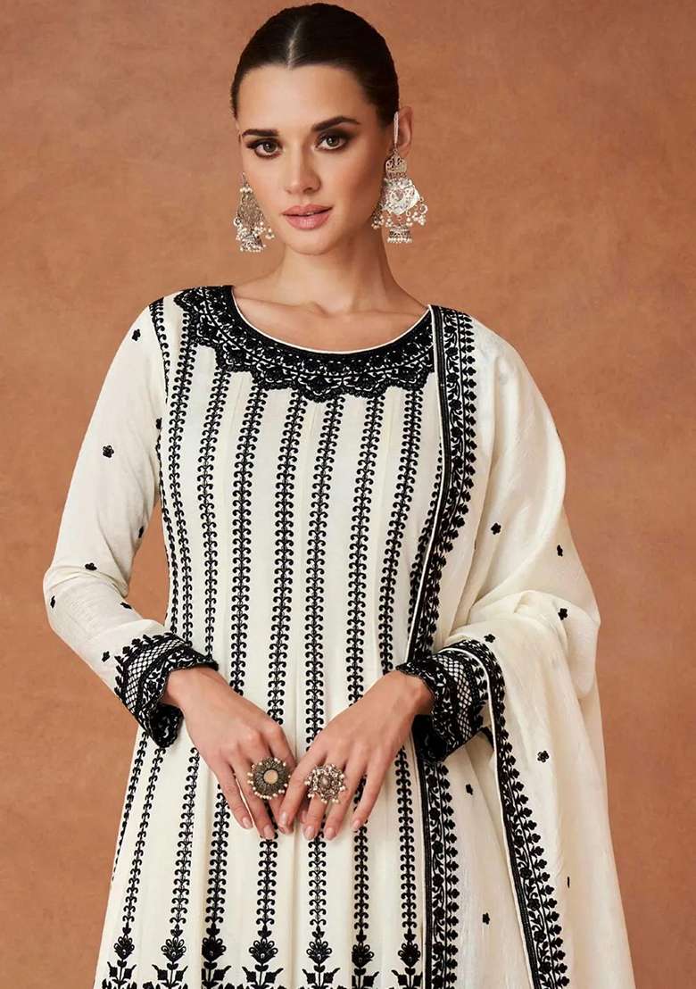 Off White Embroidered Vichitra Sharara Set - Indya