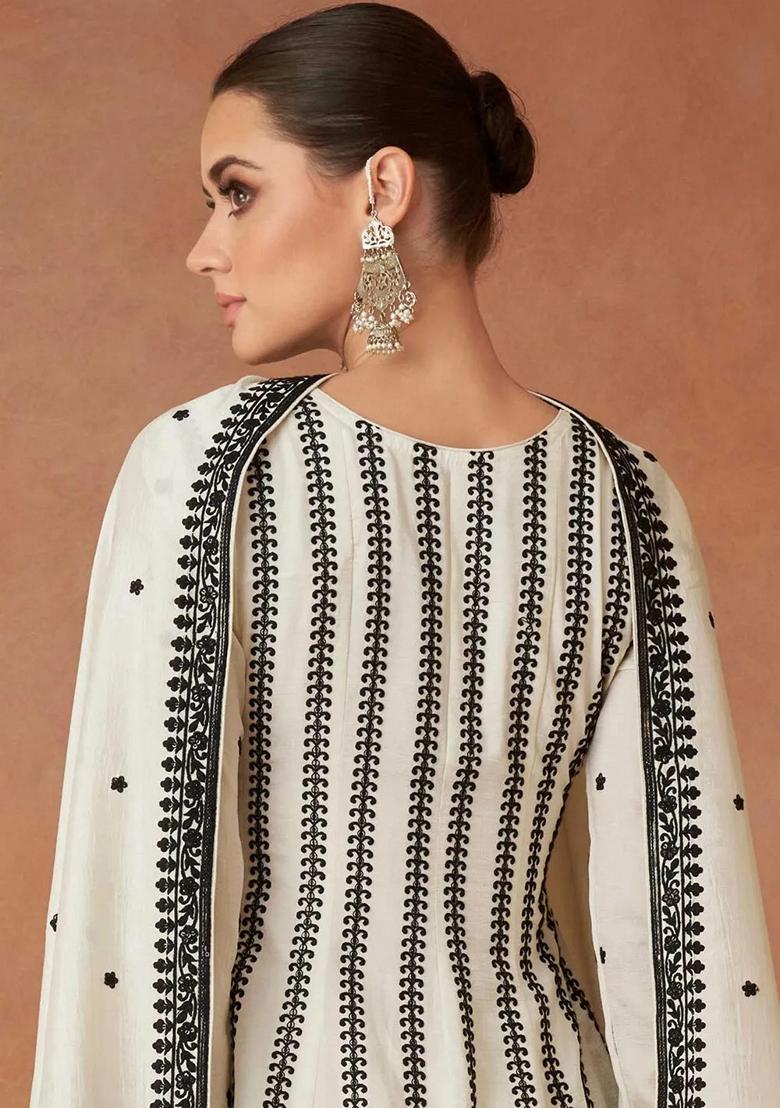 Off White Sequin Embroidered Vichitra Silk Kurta Set