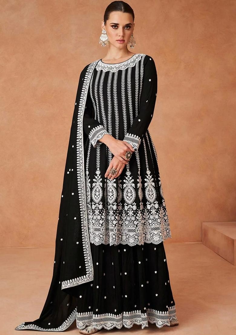 Black Sequin Embroidered Vichitra Silk Kurta Set