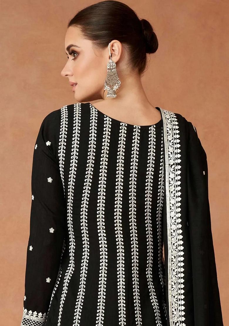 Black Sequin Embroidered Vichitra Silk Kurta Set
