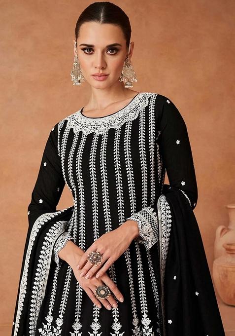 Black Sequin Embroidered Vichitra Silk Kurta Set