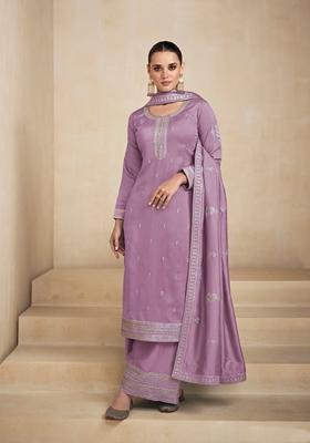 Lavender Sequin Embroidered Vichitra Silk Kurta Set