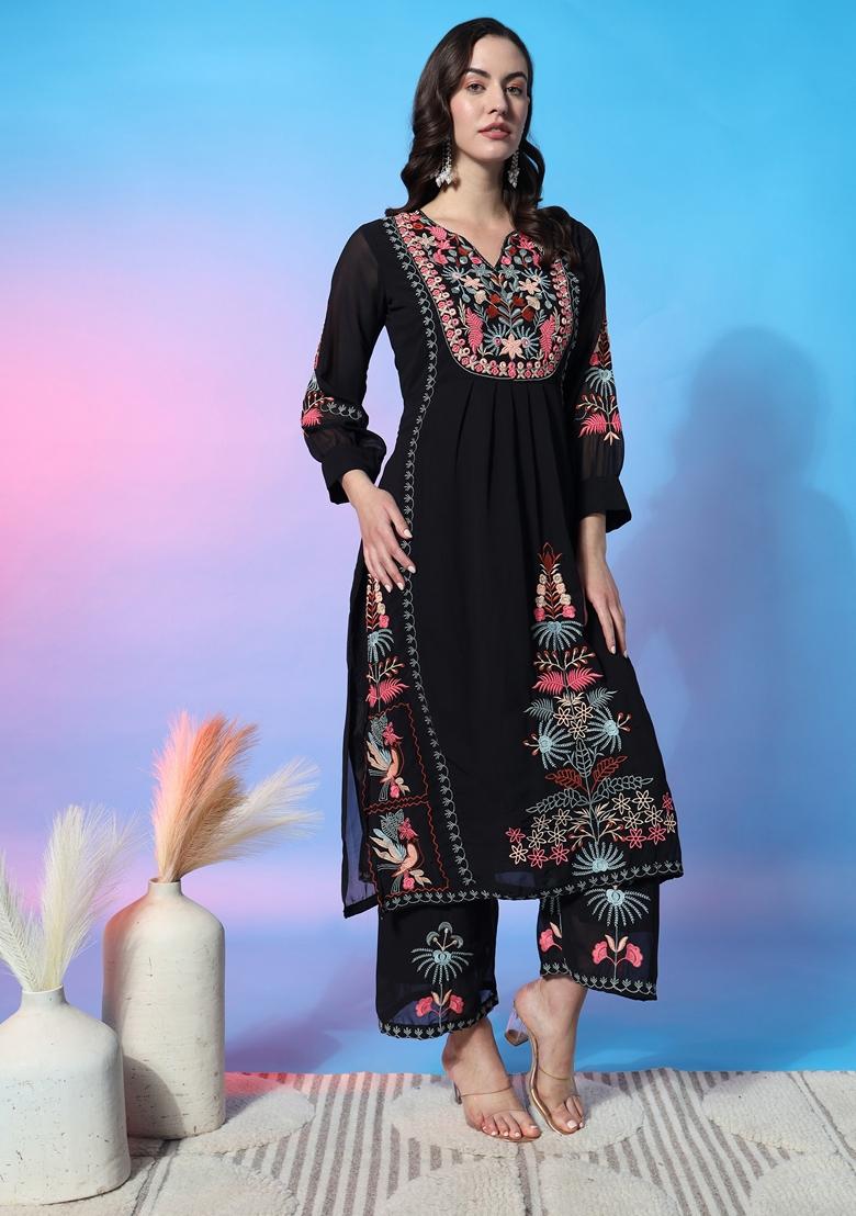 Black Embroidered Georgette Kurta Set