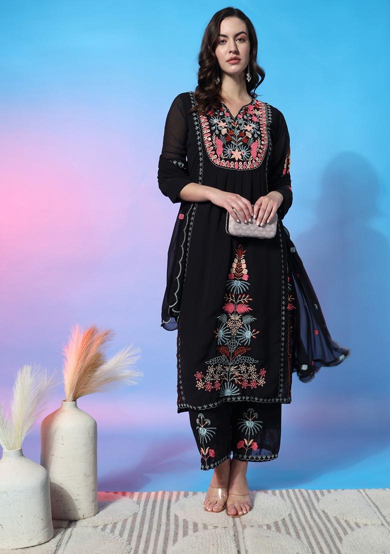 Black Embroidered Georgette Kurta Set
