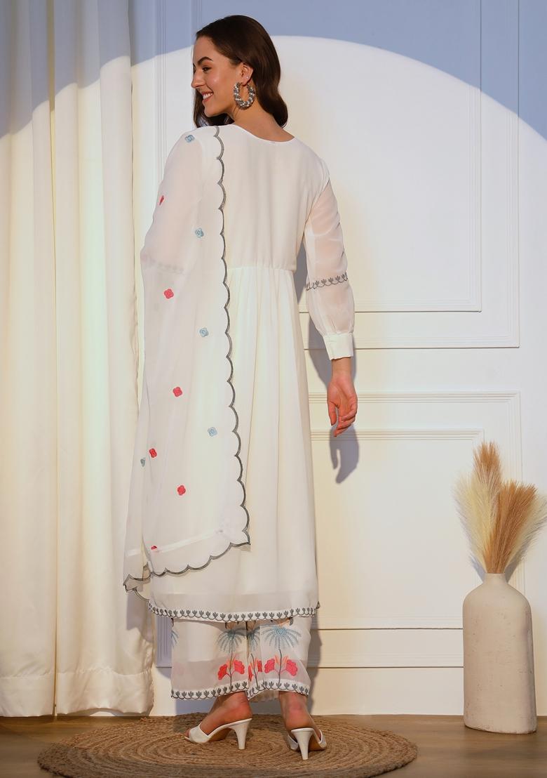 Off White Embroidered Georgette Kurta Set