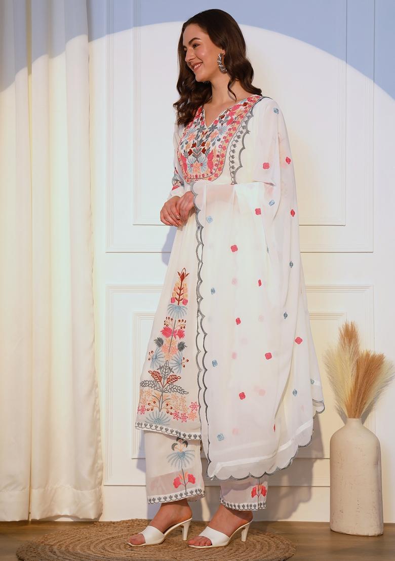 Off White Embroidered Georgette Kurta Set