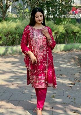 Rani Pink Sequin Thread Embroidered Faux Georgette Kurta Set