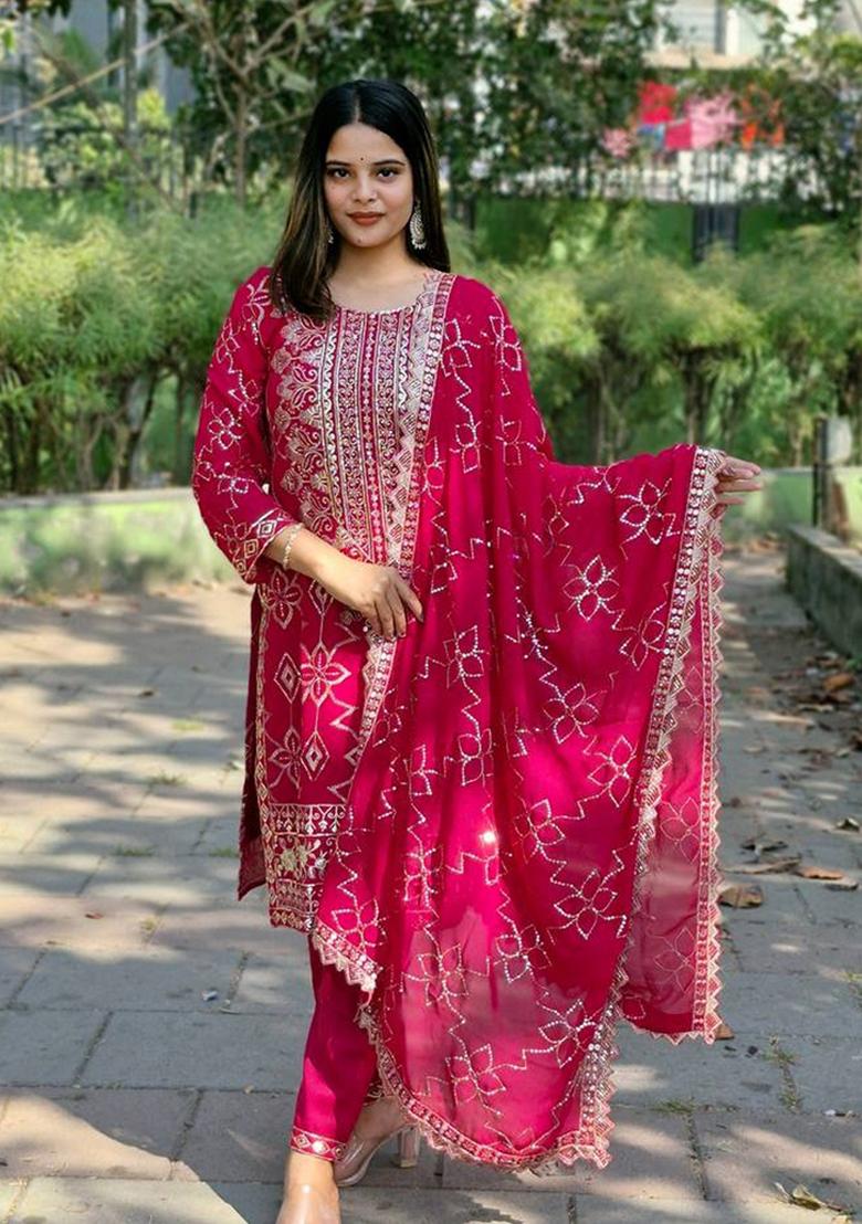 Rani Pink Sequin Thread Embroidered Faux Georgette Kurta Set