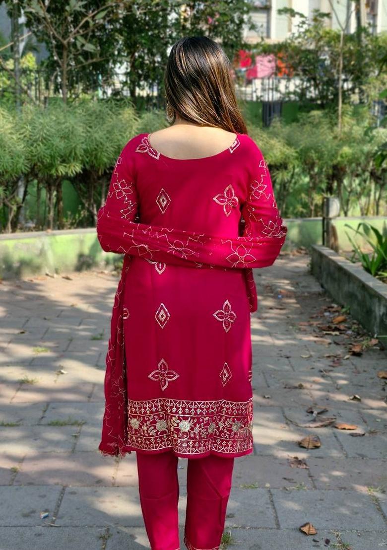 Rani Pink Sequin Thread Embroidered Faux Georgette Kurta Set