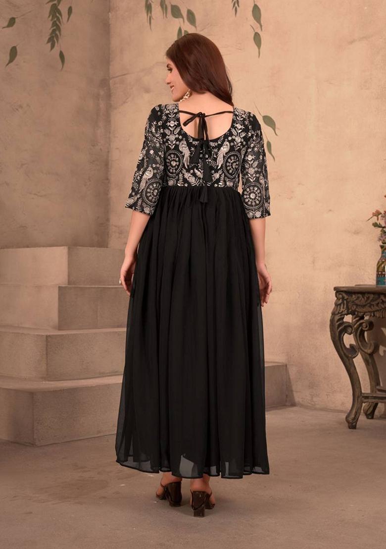 Black Sequin Thread Embroidered Faux Georgette Anarkali Set