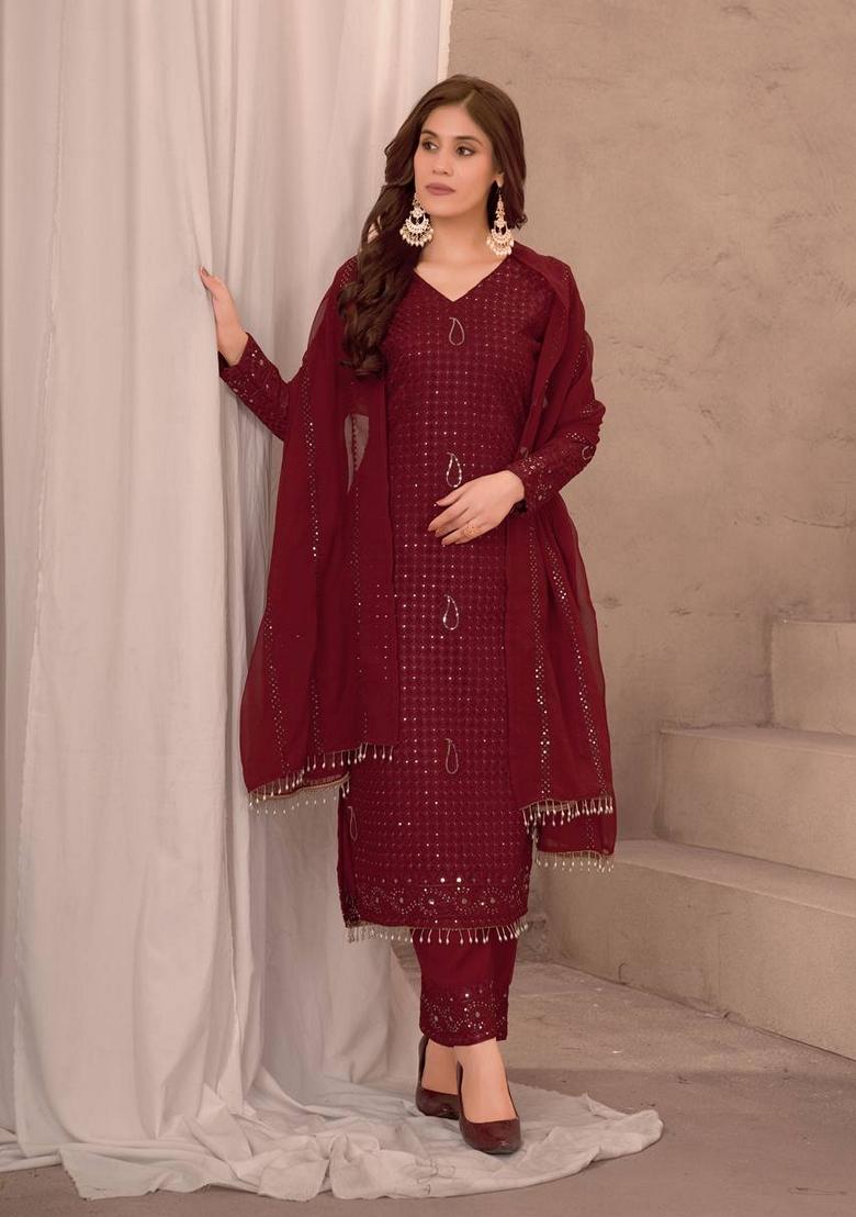 Maroon Sequin Thread Embroidered Faux Georgette Kurta Set