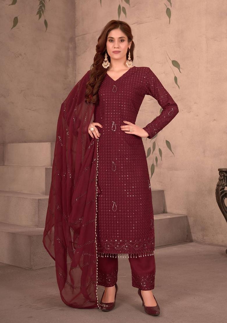 Maroon Sequin Thread Embroidered Faux Georgette Kurta Set