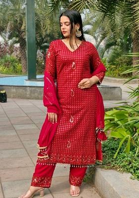 Red Sequin Thread Embroidered Faux Georgette Kurta Set