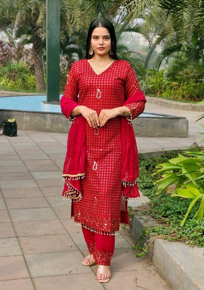 Red Sequin Thread Embroidered Faux Georgette Kurta Set