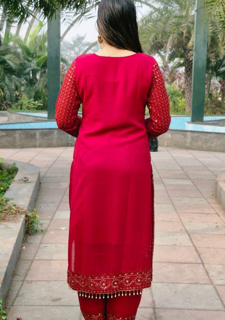 Red Sequin Thread Embroidered Faux Georgette Kurta Set