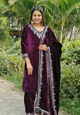 Wine Sequin Thread Embroidered Velvet Kurta Set