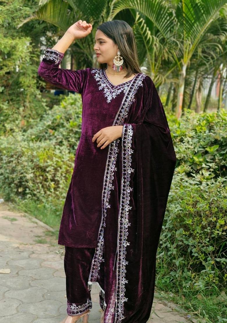 Wine Sequin Thread Embroidered Velvet Kurta Set