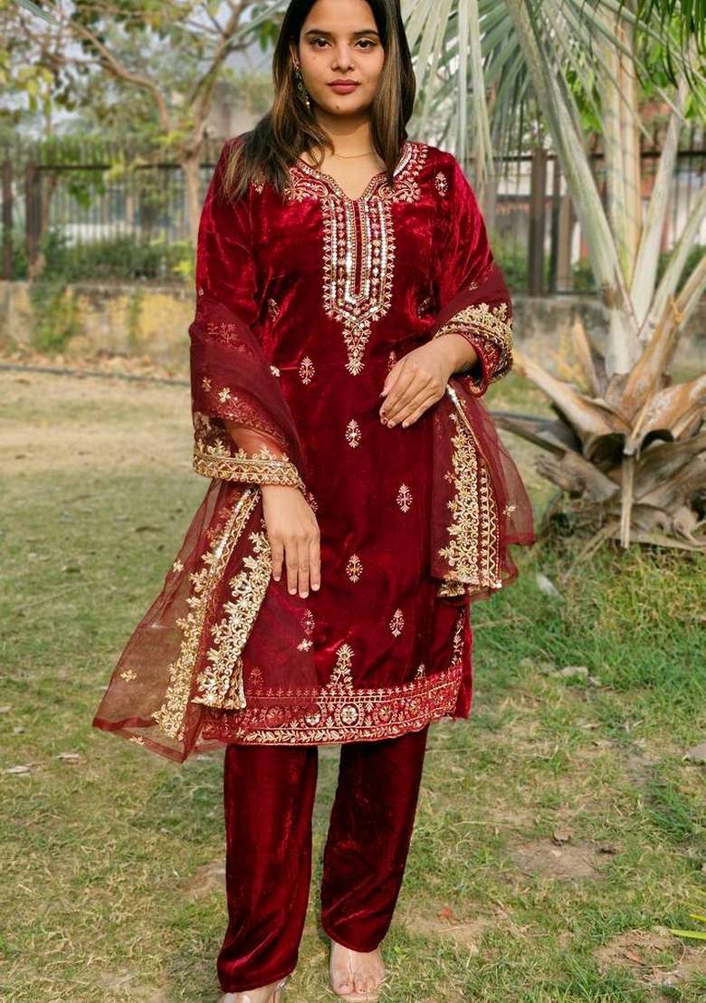 Red Embroidered Velvet Straight Kurta Set - Indya