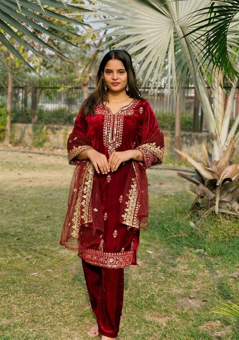 Red Embroidered Velvet Straight Kurta Set - Indya
