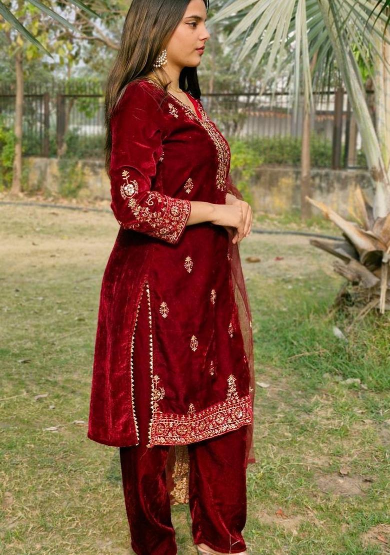 Red Sequin Thread Embroidered Velvet Kurta Set