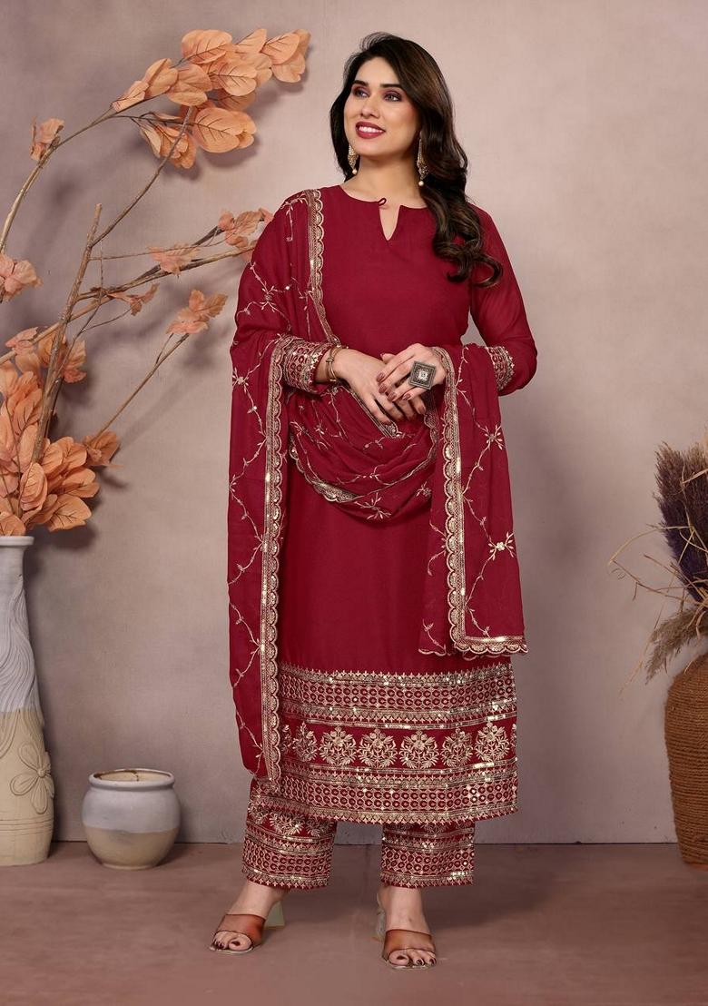 Maroon Sequin Thread Embroidered Faux Georgette Kurta Set