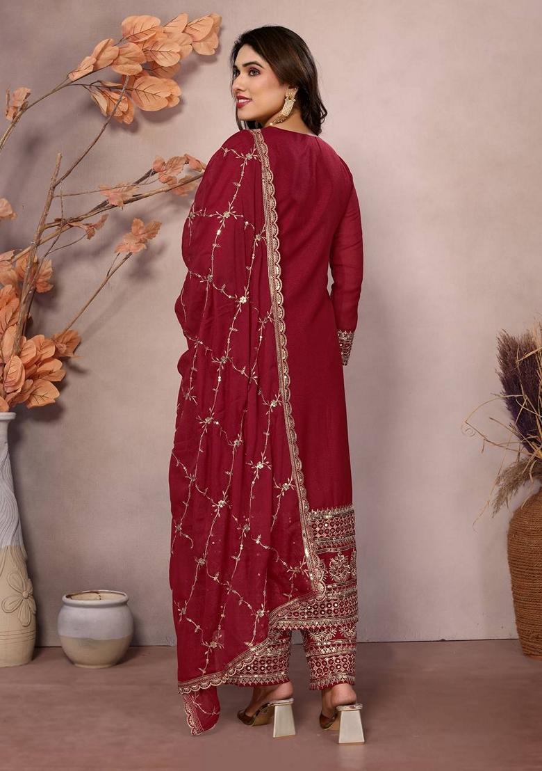 Maroon Sequin Thread Embroidered Faux Georgette Kurta Set