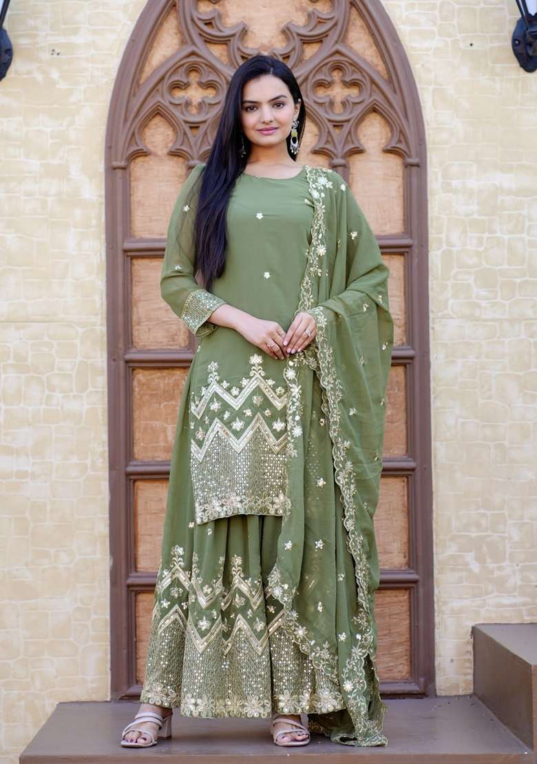 Mint Green Embroidered Faux Blooming Sharara Set - Indya