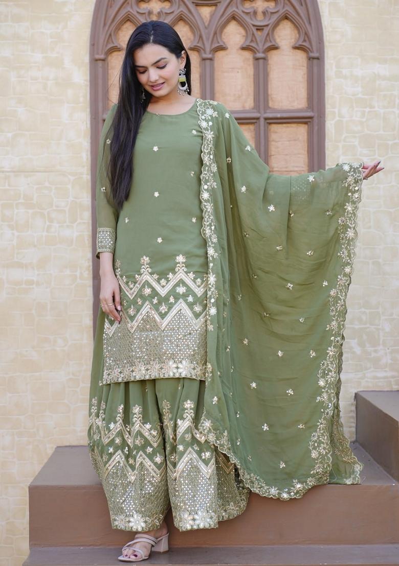 Mint Green Sequin Thread Embroidered Faux Georgette Sharara Set