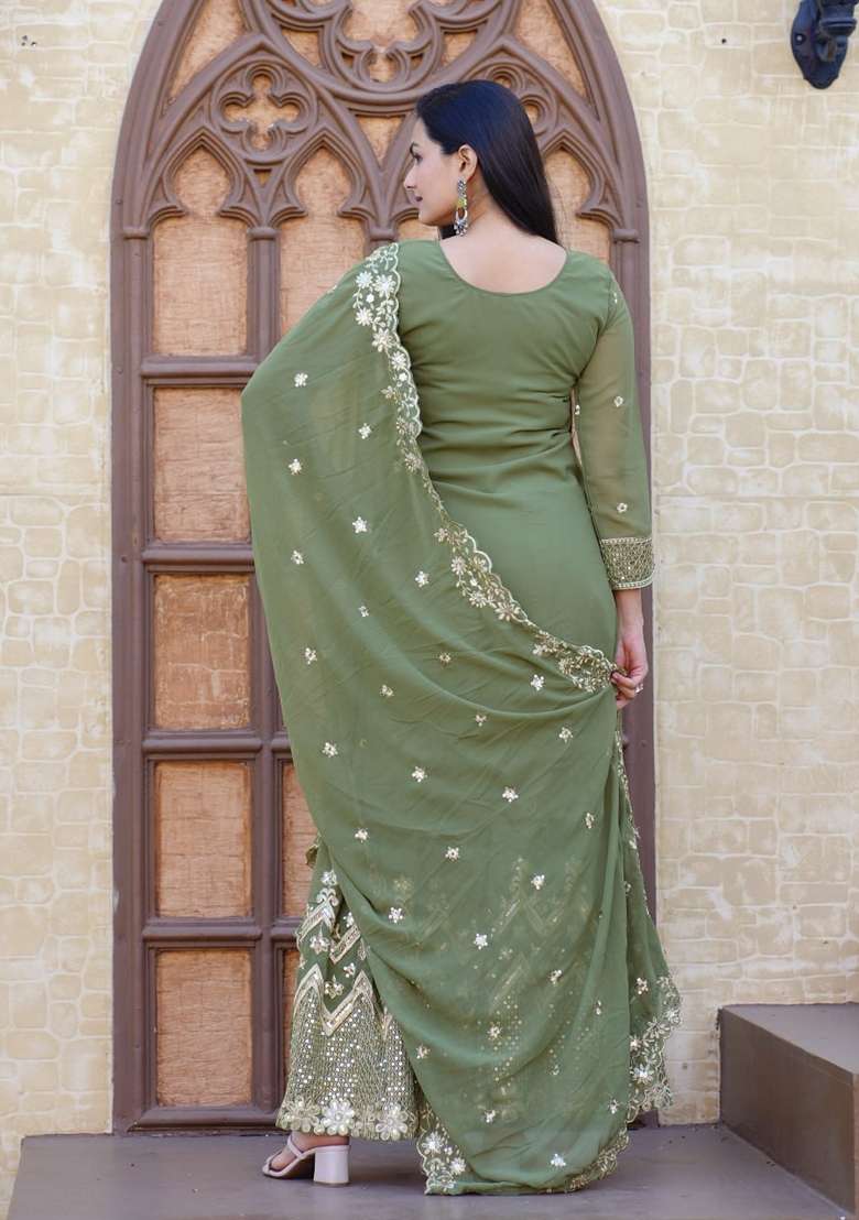 Mint Green Embroidered Faux Blooming Sharara Set - Indya